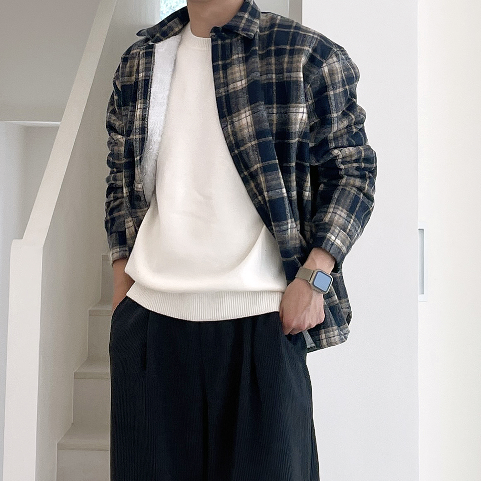 남자 기모셔츠 오버핏 모직 체크 남방 양털 레드 빨간 남자 셔츠 - 상세 이미지 2