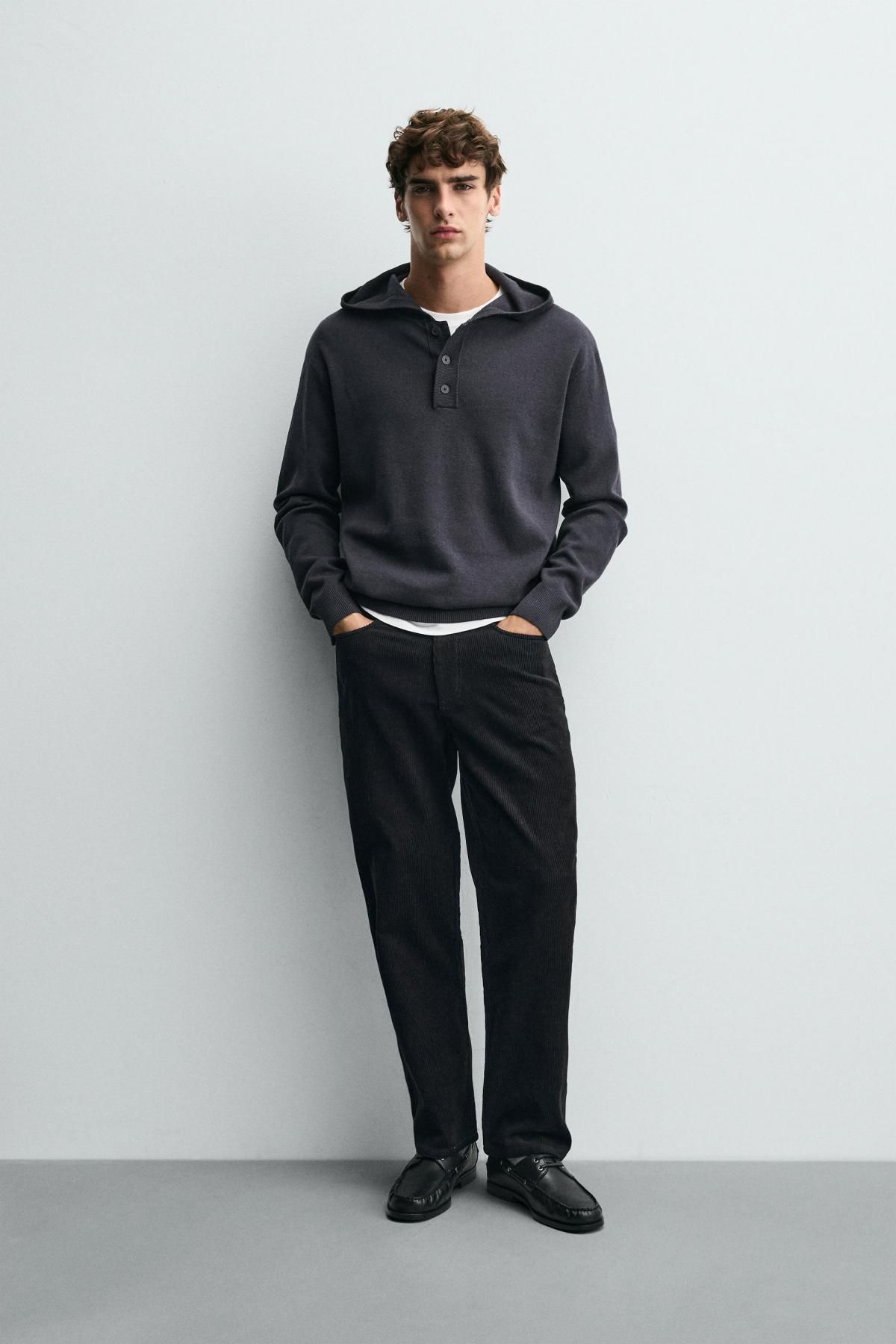 자라 프리미엄 코튼 울 후드 버튼 니트 스웨터 6674/300 ANTHRACITE GREY - 상세 이미지 2