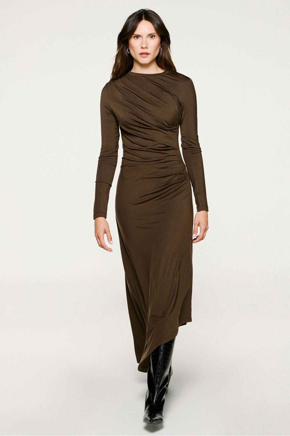셀렉티드 슬림핏 비대칭 셔링 미디 원피스 6442284 MARRON OSCURO - 상품 이미지