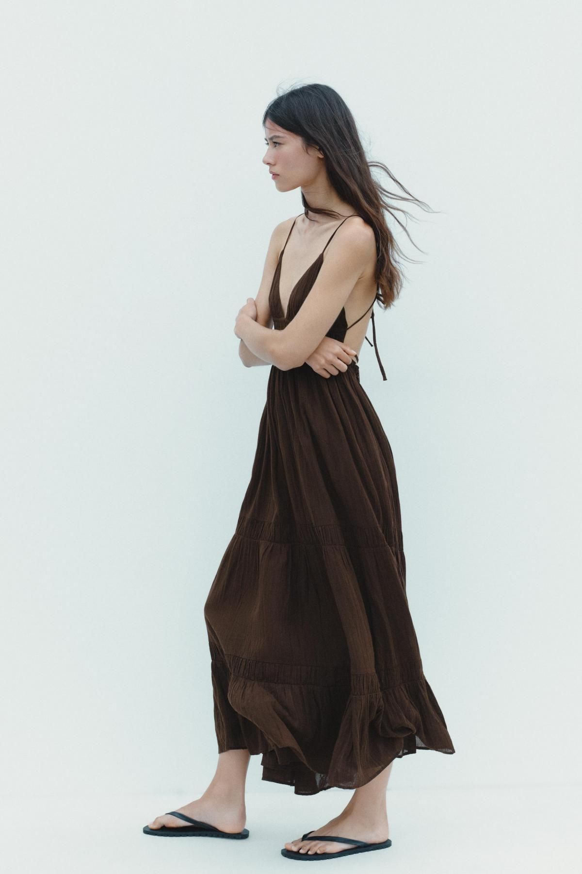 자라 브라운 스트랩 코튼 롱 원피스 0881/320 BROWN - 상세 이미지 4