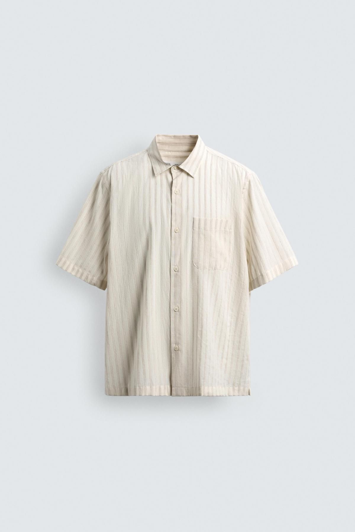 자라 레귤러핏 코튼블렌드 스트라이프 반팔 셔츠 5679/169 LIGHT BEIGE - 메인 이미지