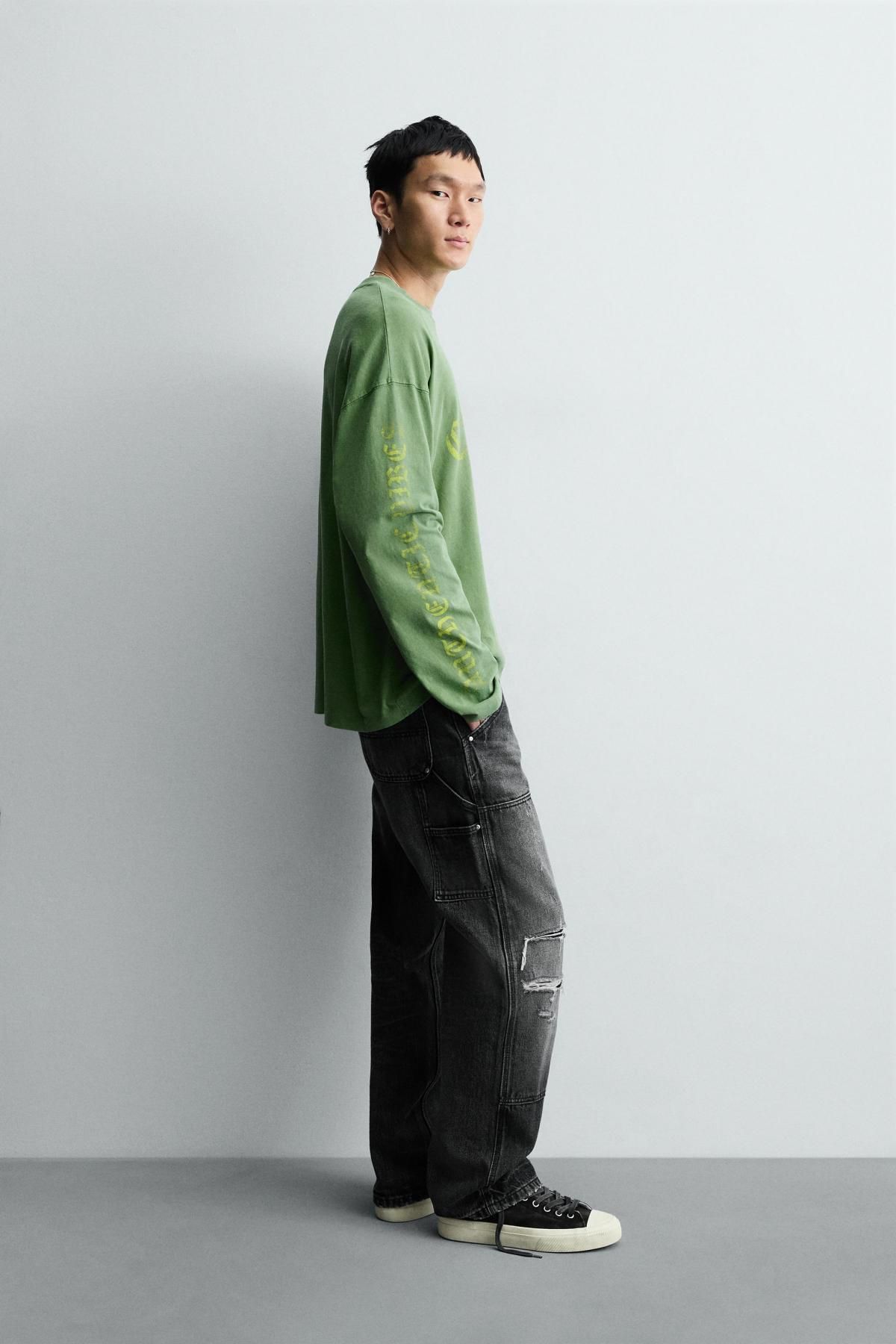 자라 워시드 스트리트 레터링 긴팔 티셔츠 6224/534 LIGHT GREEN - 상세 이미지 5