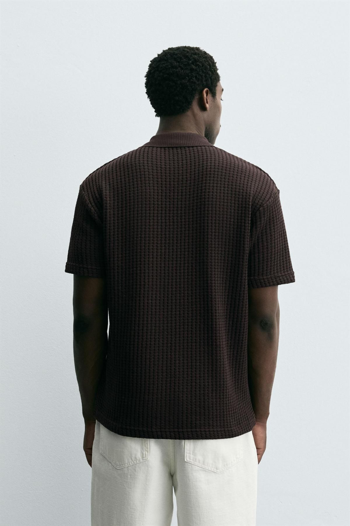 자라 와플 텍스처 코튼 블렌드 반팔 폴로셔츠 4087/333 BROWN - 상세 이미지 4
