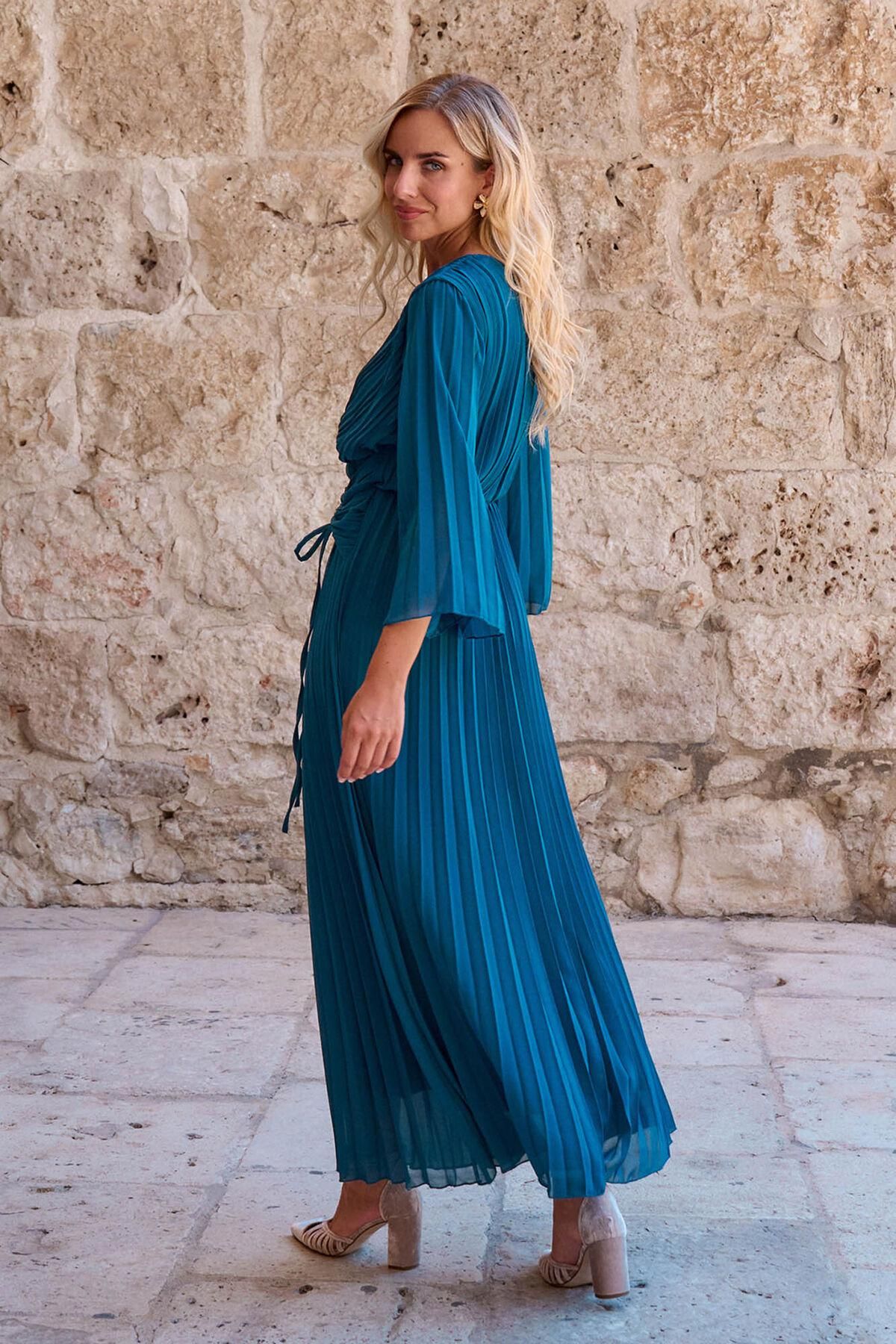 폴린에무아 페미닌 플리츠 랩 롱 원피스 6442344 AZUL - 상세 이미지 4