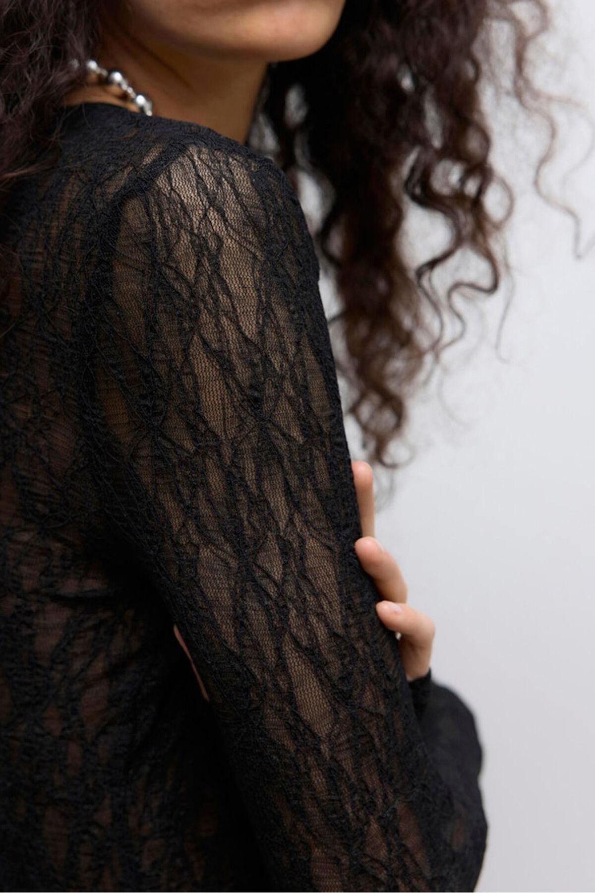 베로모다 레이스 시스루 슬림핏 라운드넥 긴팔 탑 7762341 NEGRO - 상세 이미지 3