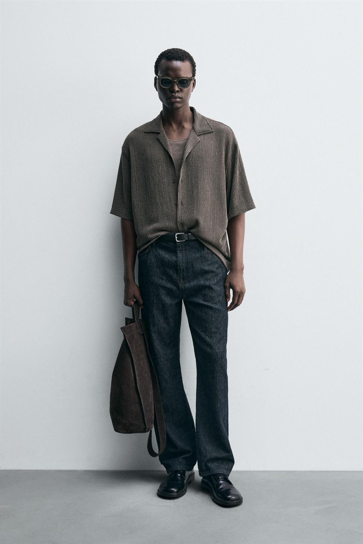 자라 텍스처 릴렉스핏 캠프카라 반팔 셔츠 4087/377 DARK KHAKI - 상세 이미지 2