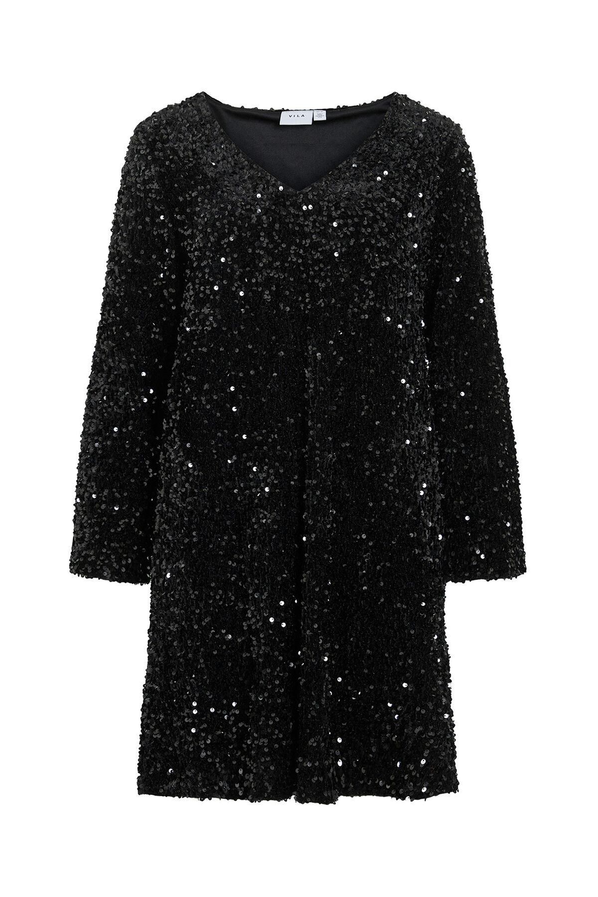 빌라 글리터 시퀸 브이넥 긴팔 미니 원피스 6442234 NEGRO - 상품 이미지