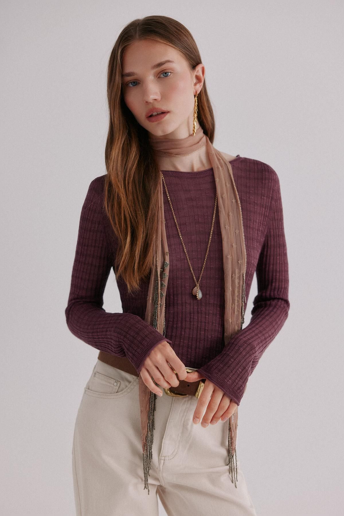 호스 인트로피아 스트라이프 라운드넥 긴팔 티셔츠 6382024 LILA - 상품 이미지