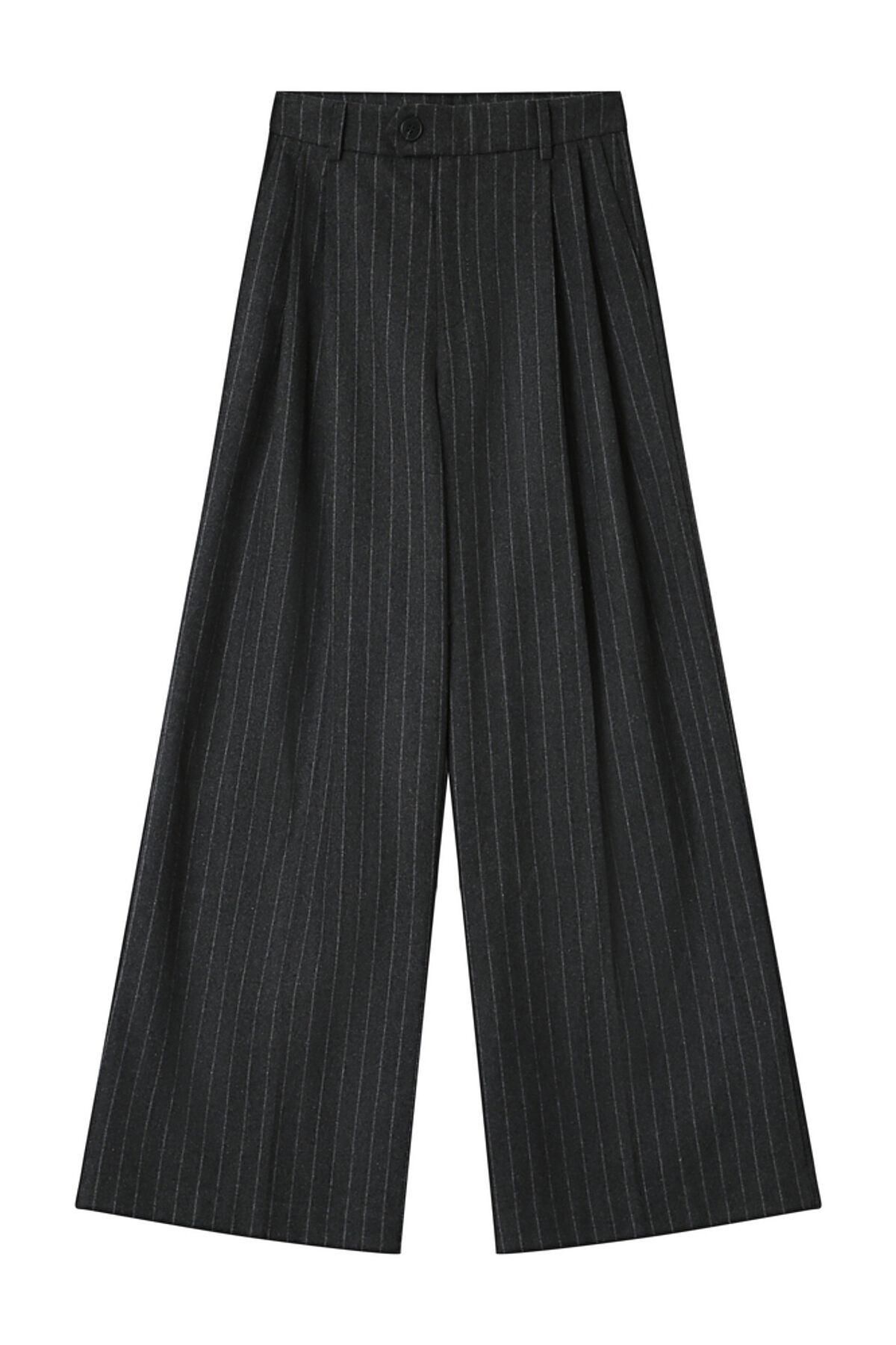 그레이스앤밀라 스트라이프 울 테일러드 와이드 슬랙스 팬츠 3722189 GRIS OSCURO - 상세 이미지 4