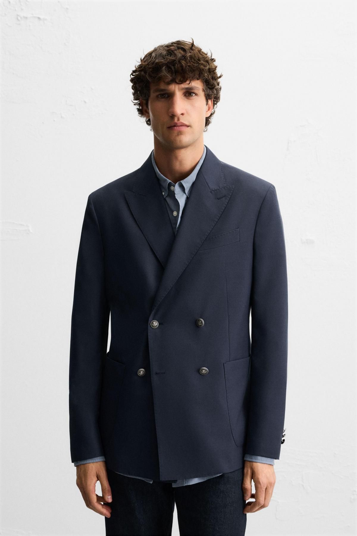 자라 울블렌드 더블브레스트 테일러드 재킷 1564/311 NAVY BLUE - 상세 이미지 3