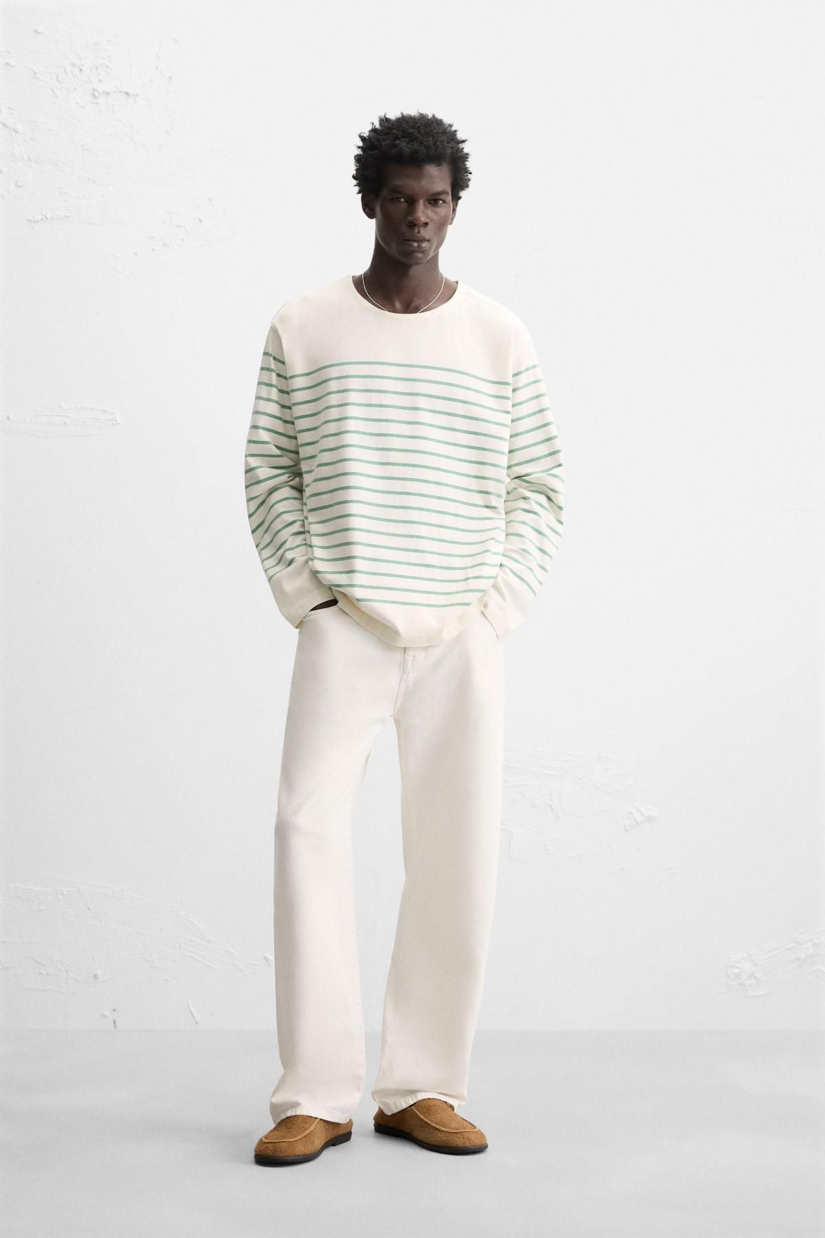 자라 스트라이프 라운드넥 긴팔 티셔츠 1887/301 OYSTER-WHITE - 상세 이미지 2