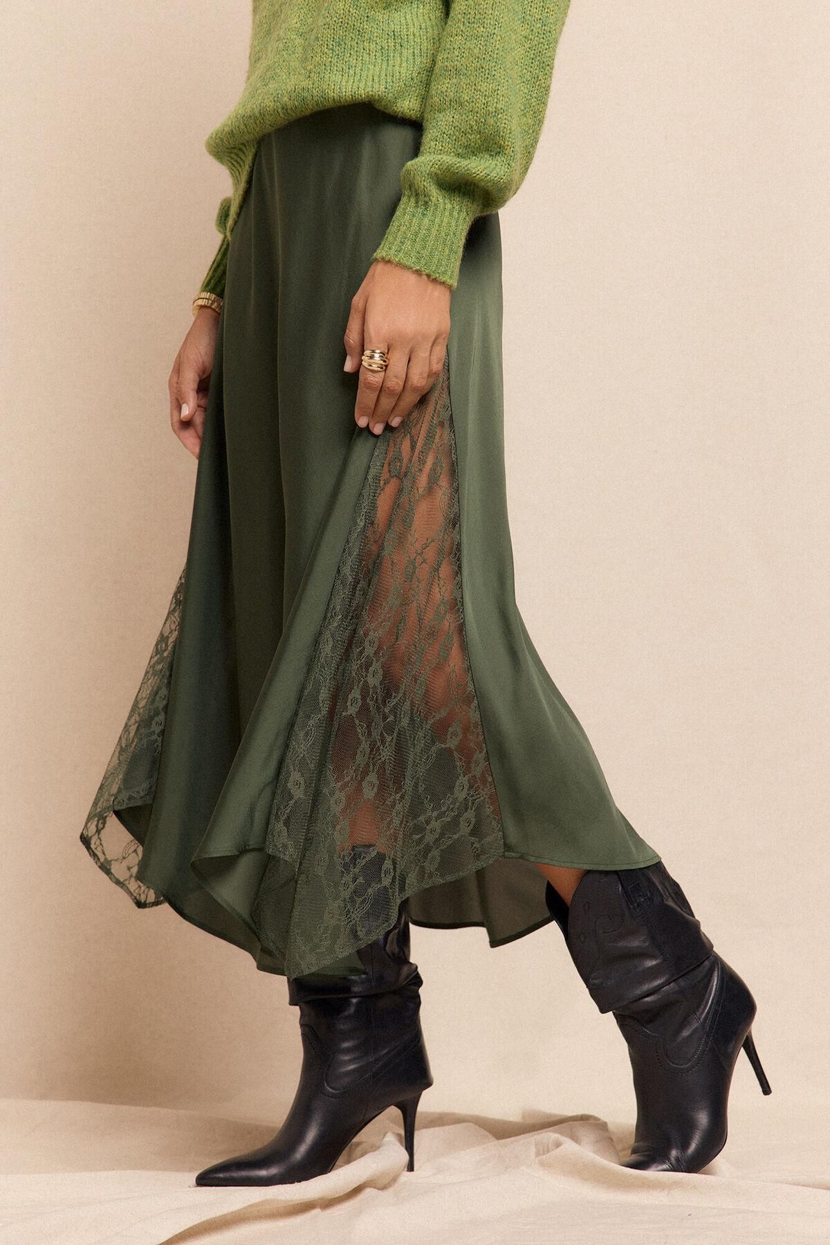 슬로우러브 페미닌 새틴 레이스 롱 스커트 5722642 VERDE OSCURO - 상세 이미지 2