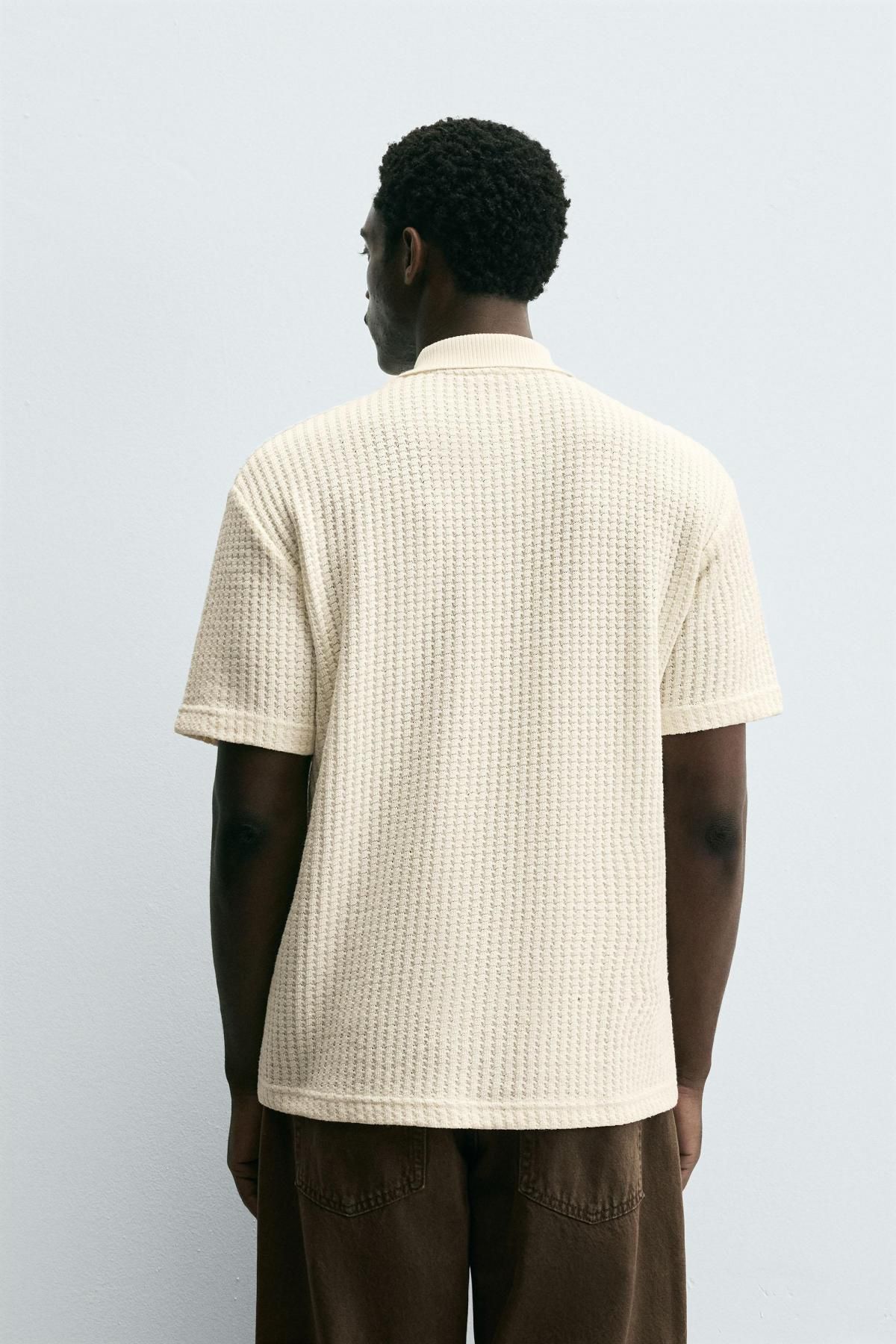 자라 와플텍스처 코튼블렌드 반팔 폴로 셔츠 4087/333 OYSTER-WHITE - 상세 이미지 4