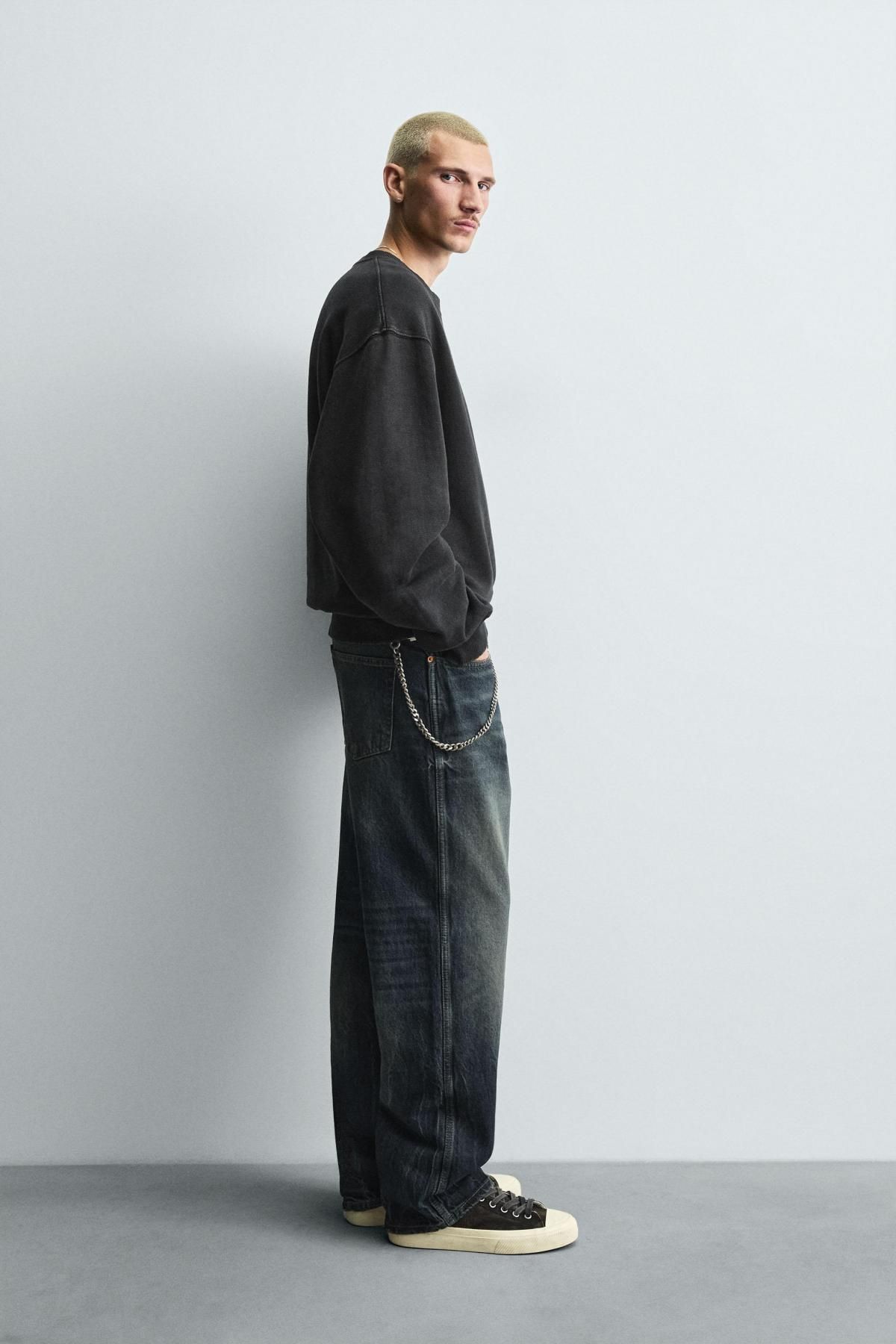 자라 워시드 헤링본 긴팔 스웨트셔츠 0526/341 DARK ANTHRACITE - 상세 이미지 5