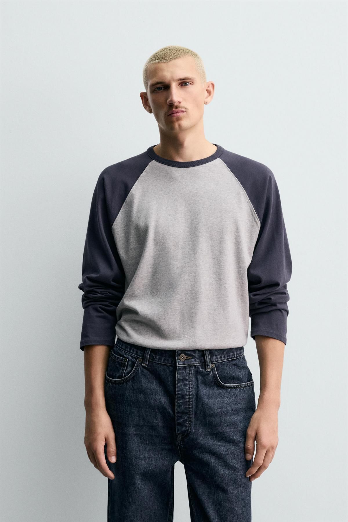 자라 컬러블록 래글런 긴팔 티셔츠 1501/340 GREY / BLUE - 상세 이미지 3