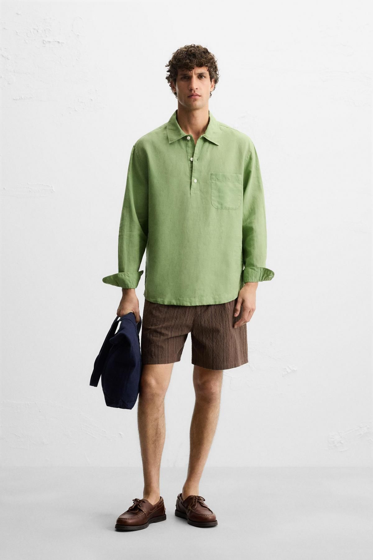 자라 린넨코튼 미니멀 긴팔 폴로셔츠 1063/304 LIGHT GREEN - 상세 이미지 2