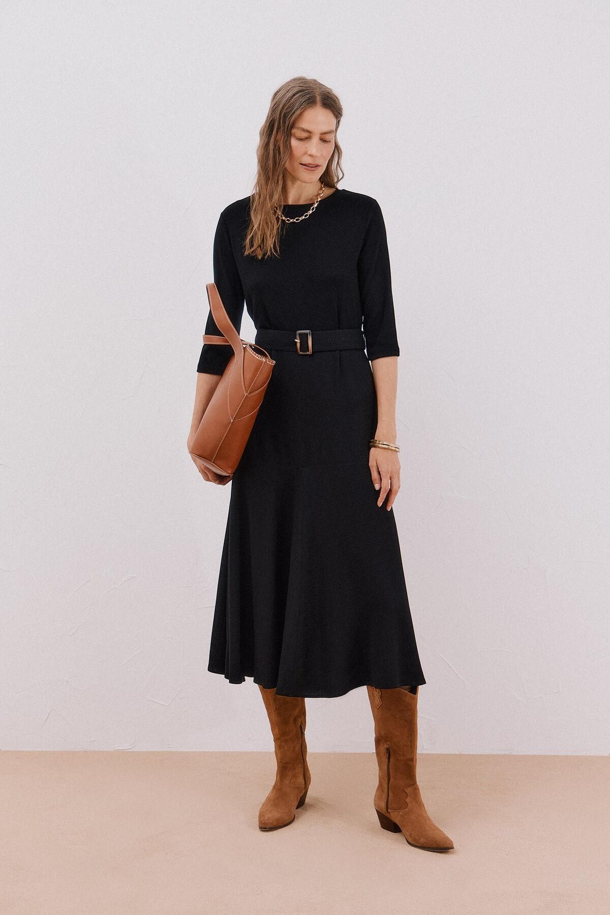 꼬르떼피엘 벨트 콤비 하이넥 미디 원피스 1872516 NEGRO - 상품 이미지