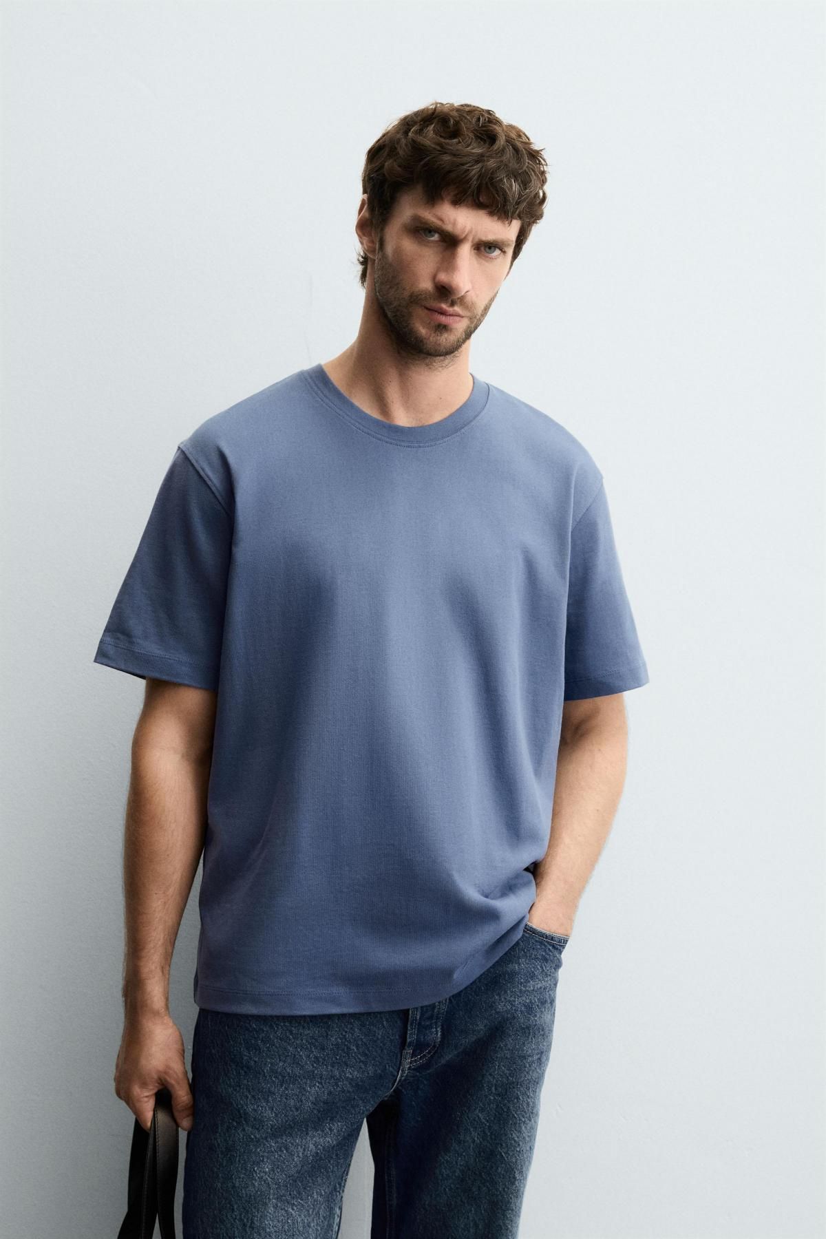 자라 블루 헤비웨이트 컴팩트 코튼 레귤러핏 반팔 티셔츠 0761/323 PETROL BLUE - 상세 이미지 3