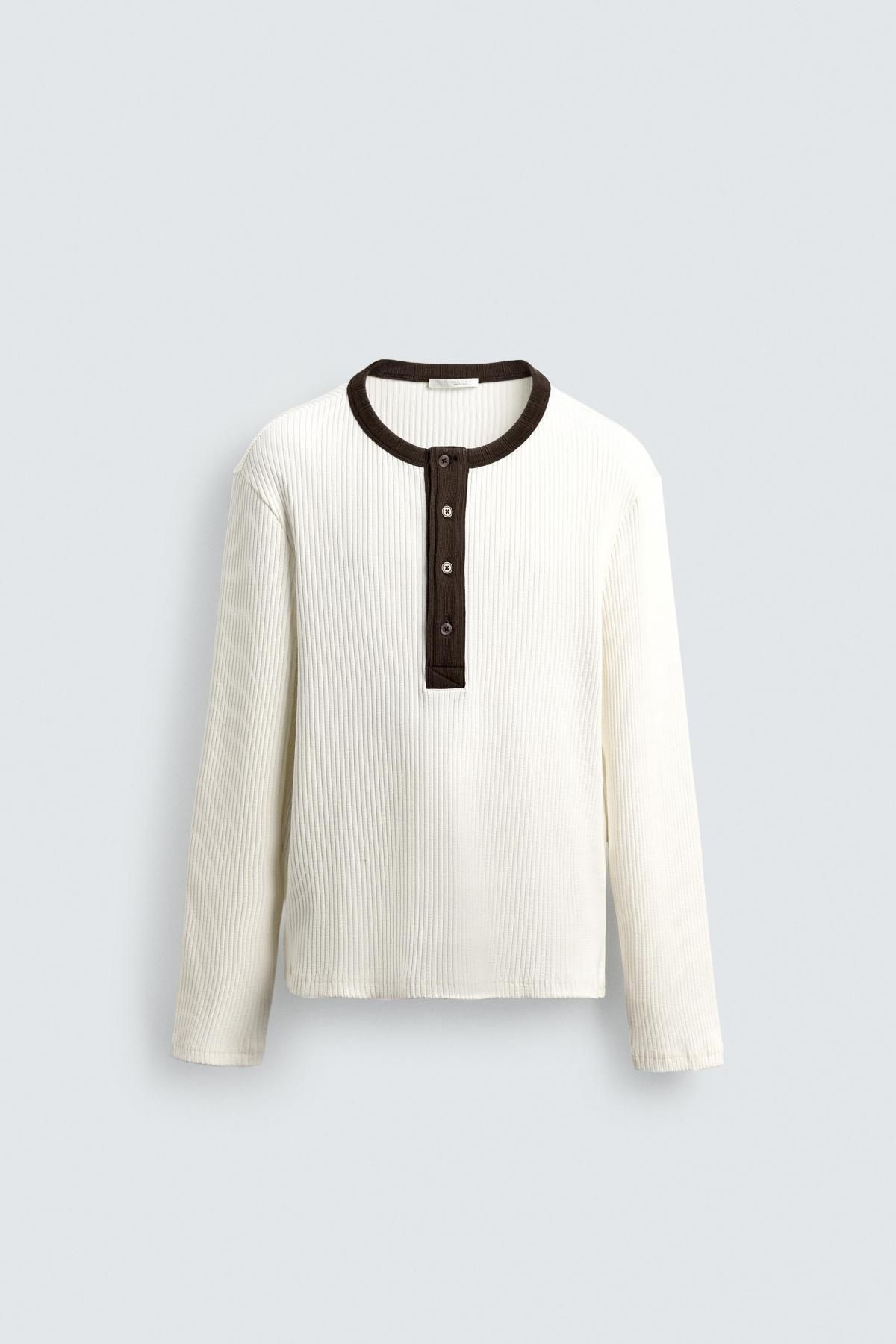 자라 배색카라 골지 긴팔 티셔츠 5584/387 OYSTER-WHITE - 메인 이미지