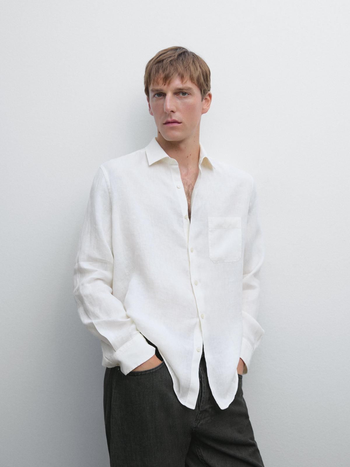 마시모두띠 린넨 레귤러핏 클래식 포켓 화이트 긴팔 셔츠 1751/777 BEIGE - 상세 이미지 3
