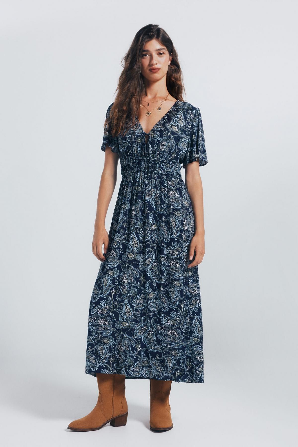 스프링필드 플라워 패턴 브이넥 미디 원피스 7952286 AZUL - 상품 이미지