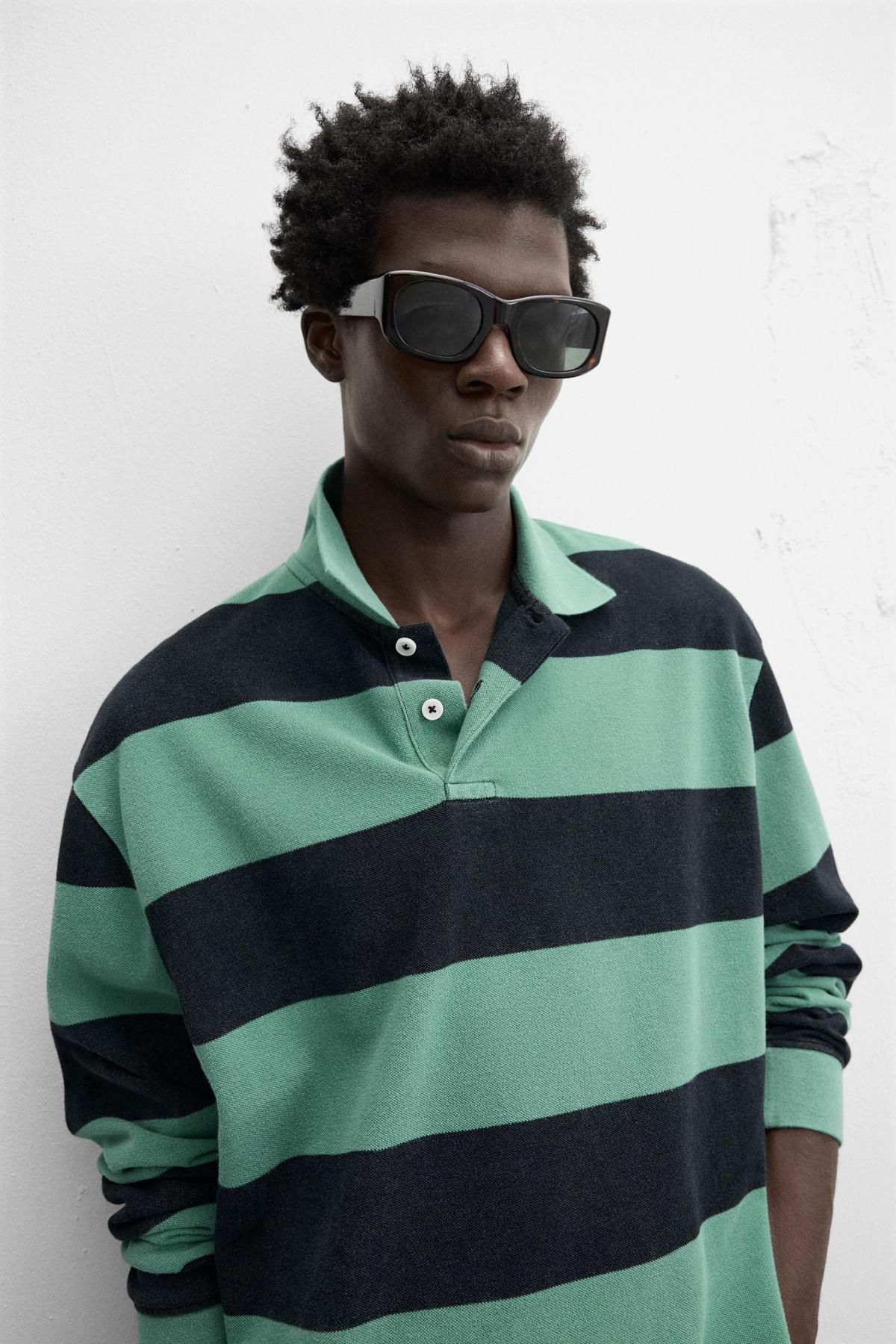 자라 스트라이프 워시드 테크니컬 긴팔 폴로셔츠 4092/313 GREEN / BLUE 이미지 7