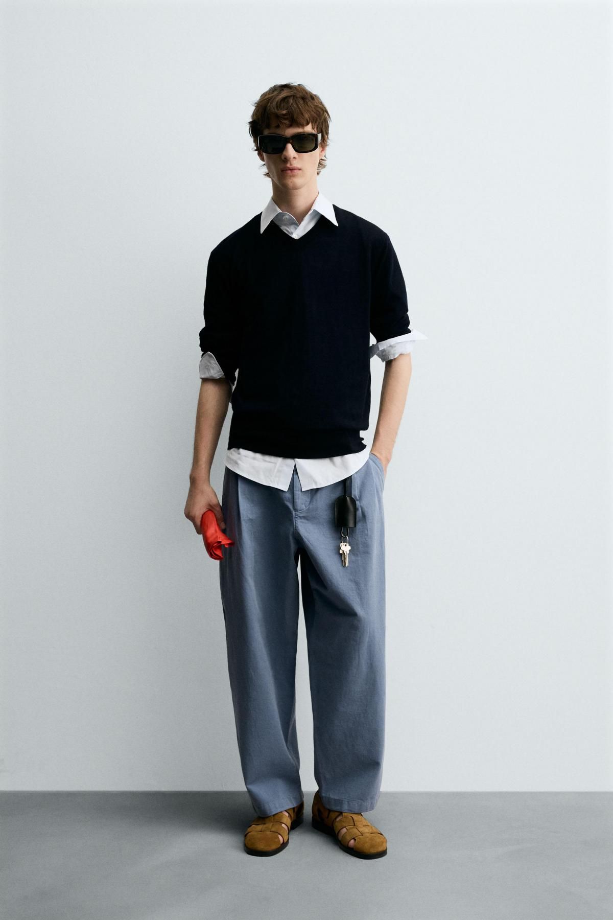 자라 테크니컬 와이드 배기핏 코튼 린넨 플리츠 팬츠 6861/966 GREY / BLUE - 상세 이미지 2