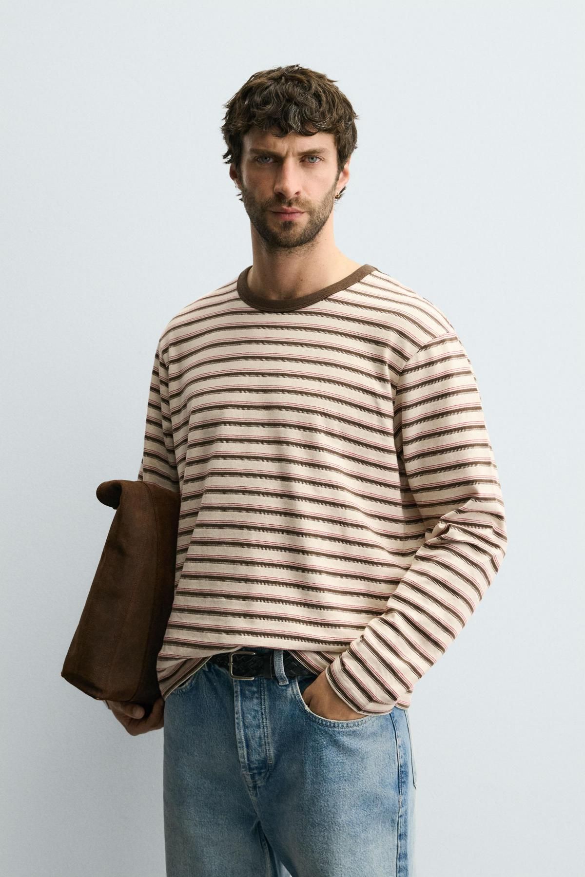 자라 스트라이프 레귤러핏 긴팔 티셔츠 0526/312 BEIGE-BROWN - 상세 이미지 3