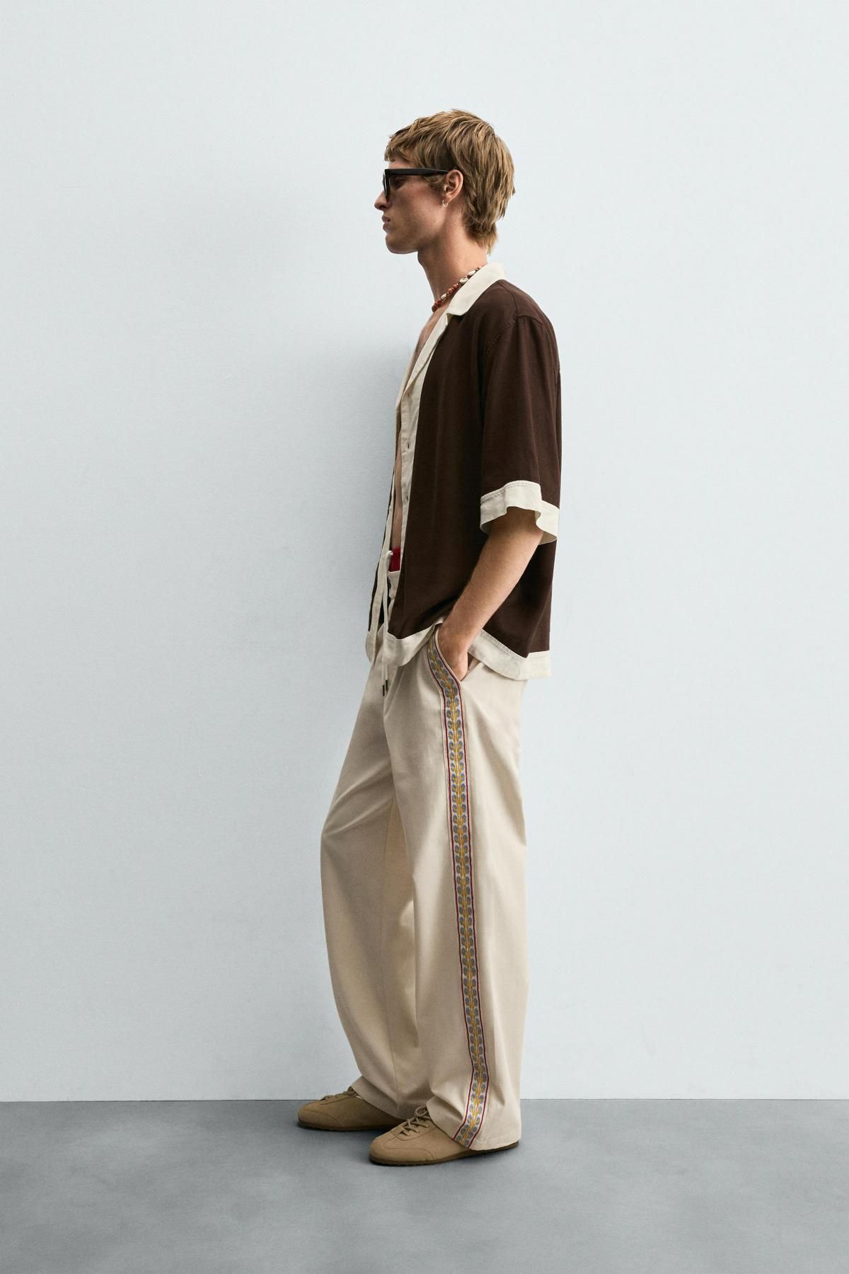 자라 테크니컬 자수 스트라이프 와이드 팬츠 7484/310 ECRU - 상세 이미지 5