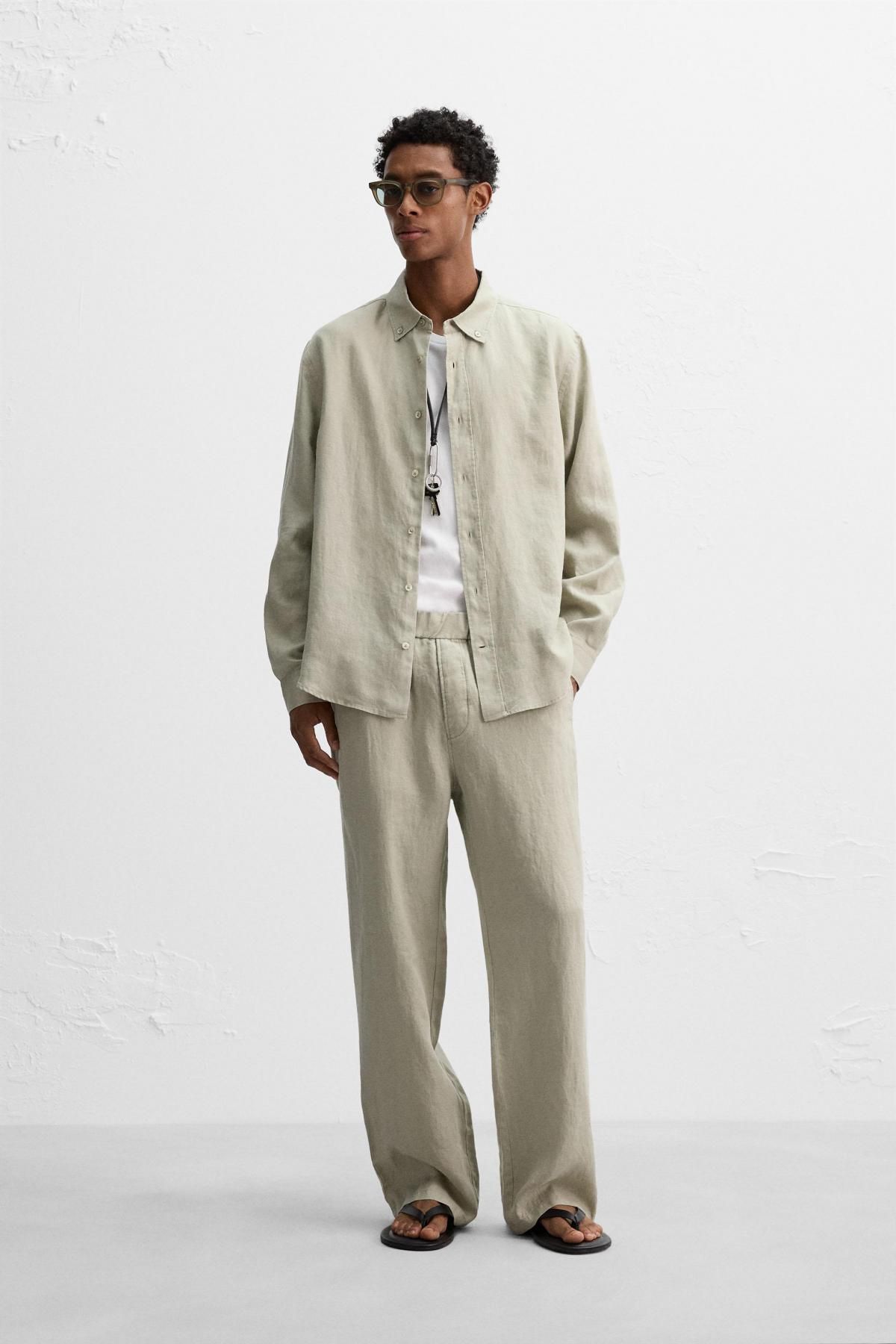 자라 프리미엄 린넨 와이드 밴딩 팬츠 4331/181 LIGHT BEIGE - 상세 이미지 2