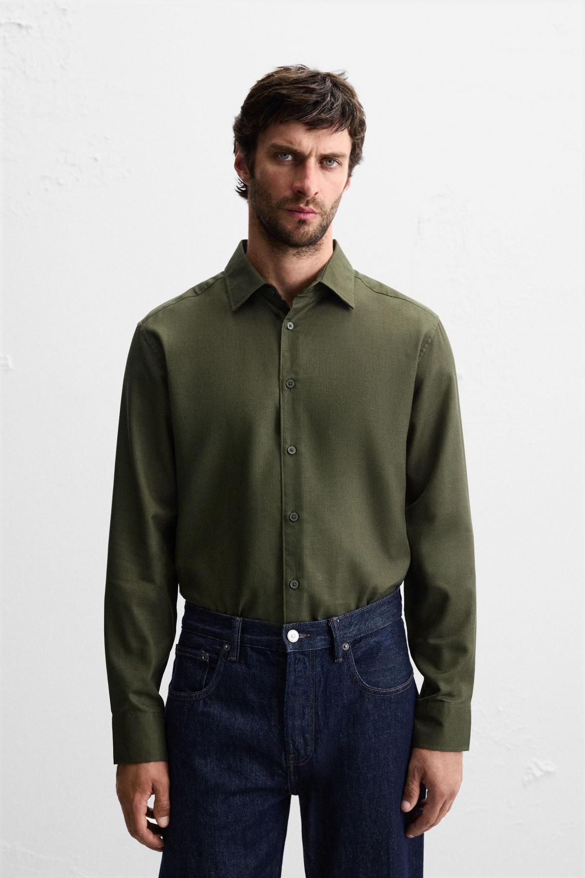 자라 이지케어 텍스처 그린 긴팔 셔츠 7545/710 DARK KHAKI - 상세 이미지 3