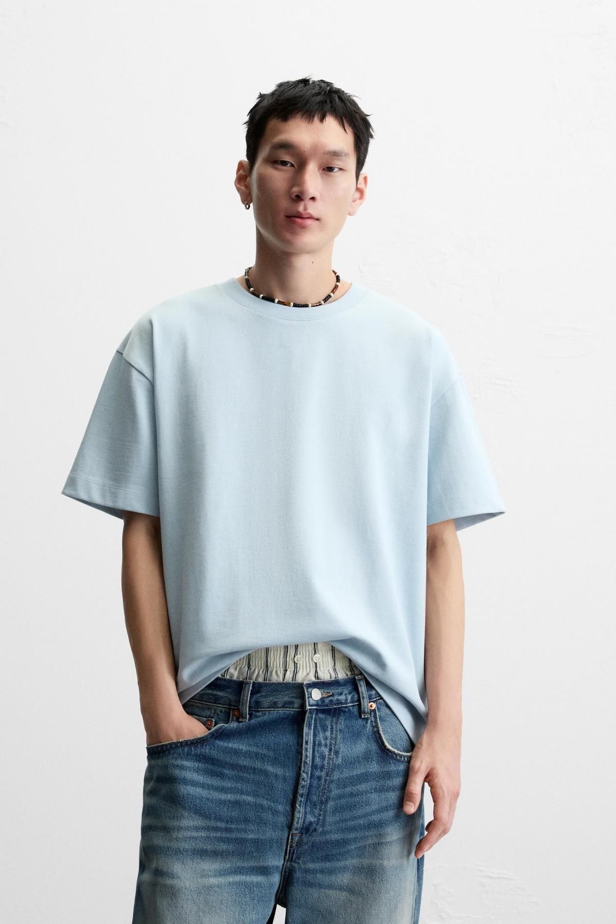 자라 컴팩트코튼 라운드넥 오버핏 베이직 반팔 티셔츠 1887/455 LIGHT BLUE - 상세 이미지 3