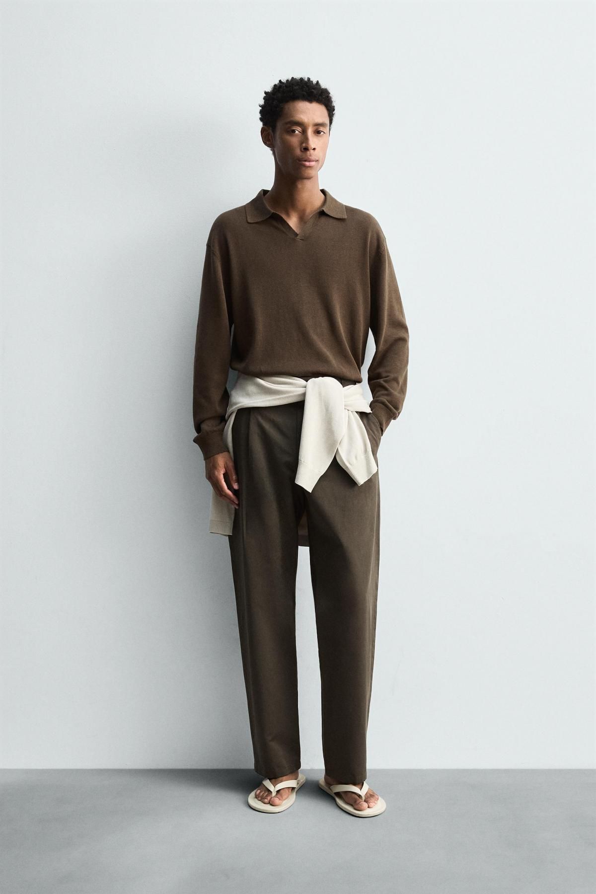 자라 릴렉스핏 코튼린넨 플리츠 와이드 팬츠 5682/507 BLACK / BROWN - 상세 이미지 2