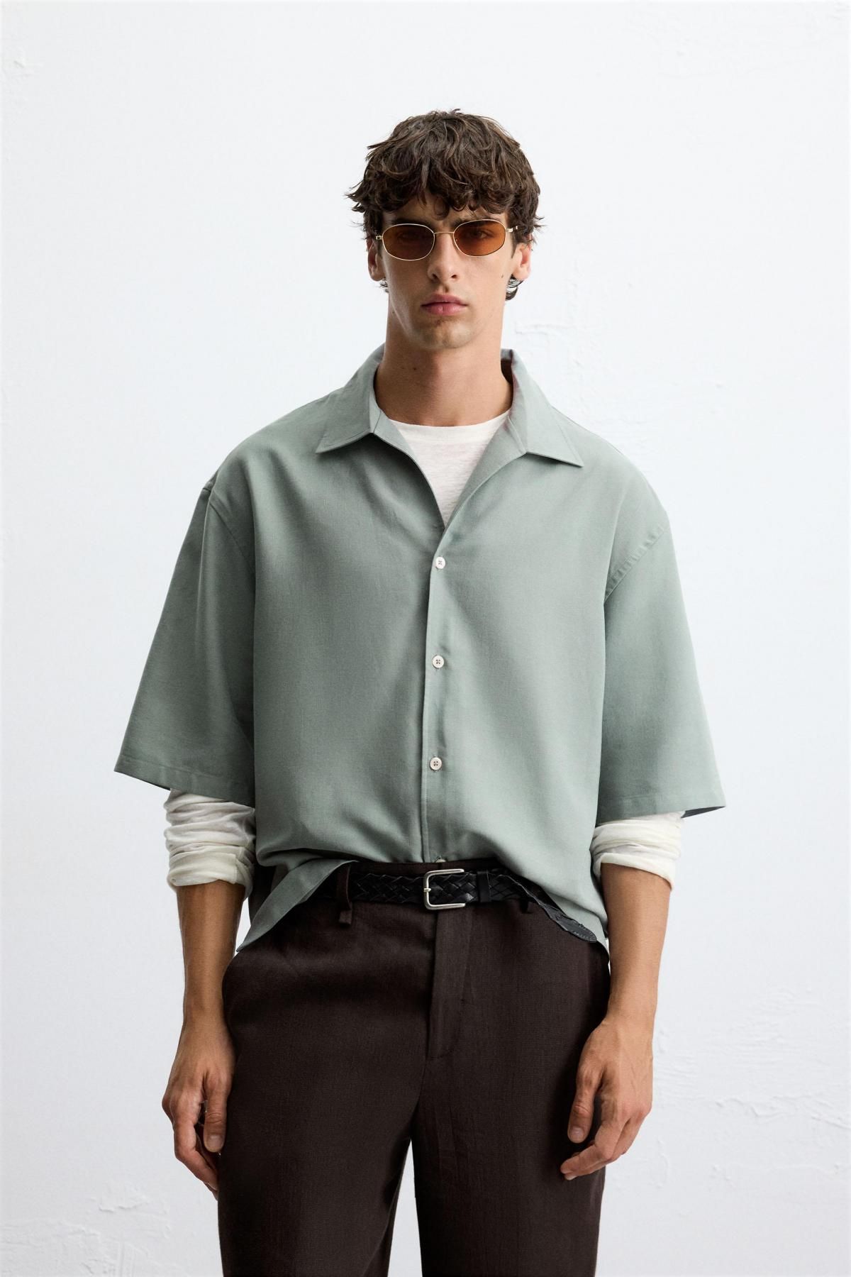 자라 미니멀 릴랙스핏 반팔 셔츠 3992/250 GREEN / BLUE - 상세 이미지 3