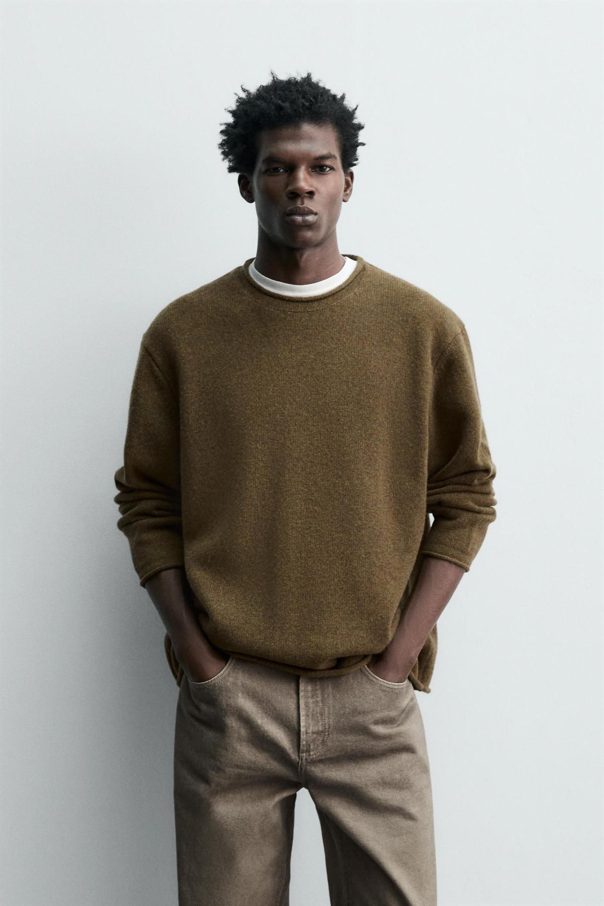 자라 프리미엄 울 라운드넥 스웨터 브라운 롤드엣지 2893/349 OLIVE GREEN - 상세 이미지 3