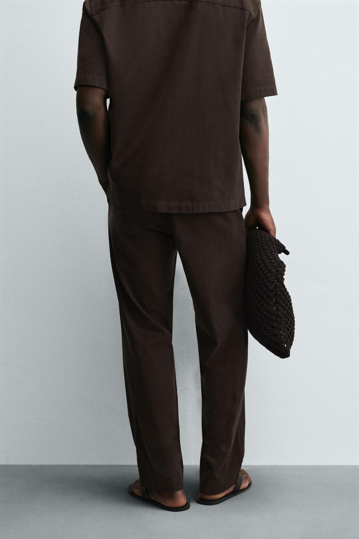 자라 테크니컬 릴렉스핏 라이오셀코튼 와이드 팬츠 6861/304 BROWN - 상세 이미지 3