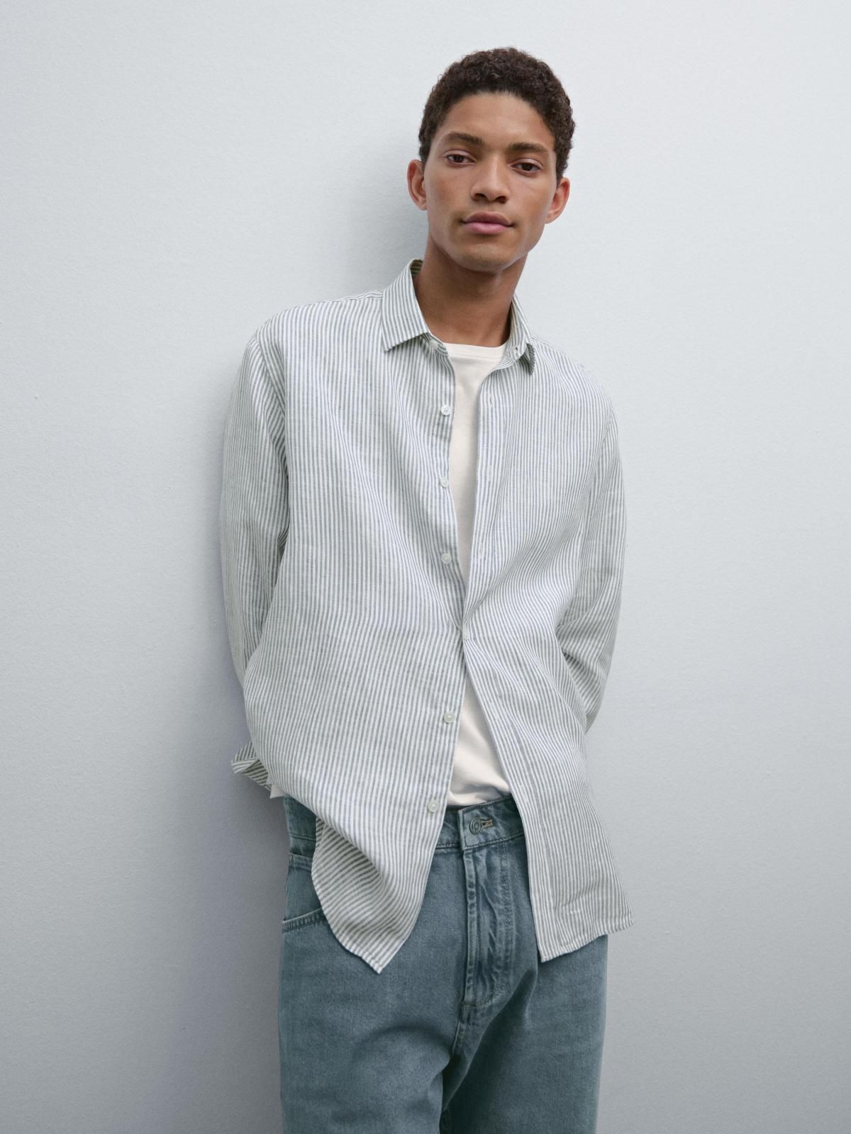 마시모두띠 스트라이프 린넨 레귤러핏 긴팔 셔츠 0109/773 NAVY BLUE - 상품 이미지