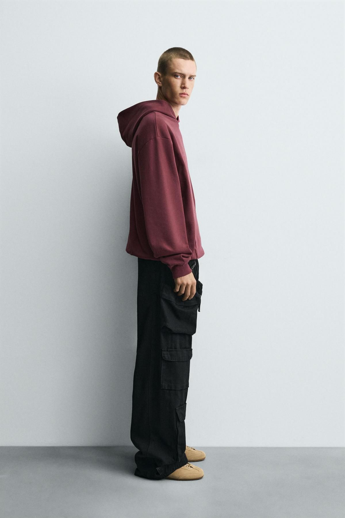 자라 버건디 코튼 후드 스웨트셔츠 0761/370 BURGUNDY - 상세 이미지 5