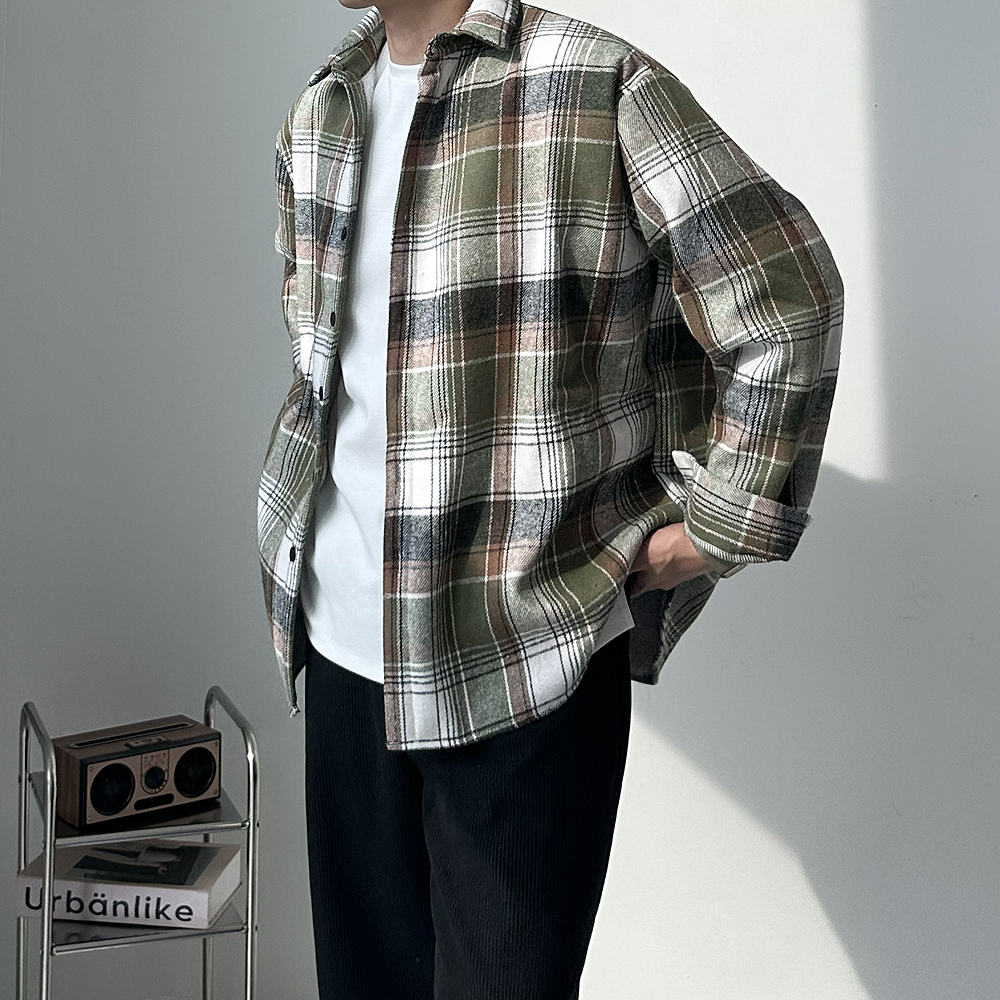 남자 기모셔츠 오버핏 모직 체크 남방 양털 레드 빨간 남자 셔츠 - 상세 이미지 3