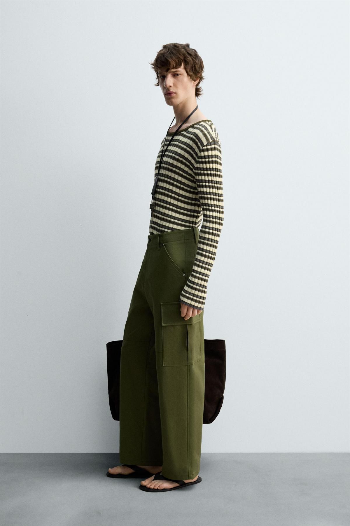 자라 테크니컬 컴팩트 코튼 트윌 카고 와이드 팬츠 5852/320 KHAKI - 상세 이미지 4