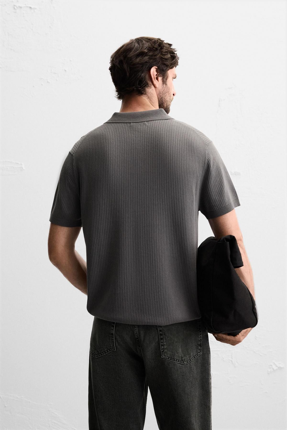 자라 미니멀 다크그레이 코튼 골지 니트 폴로셔츠 2142/420 ANTHRACITE GREY - 상세 이미지 4