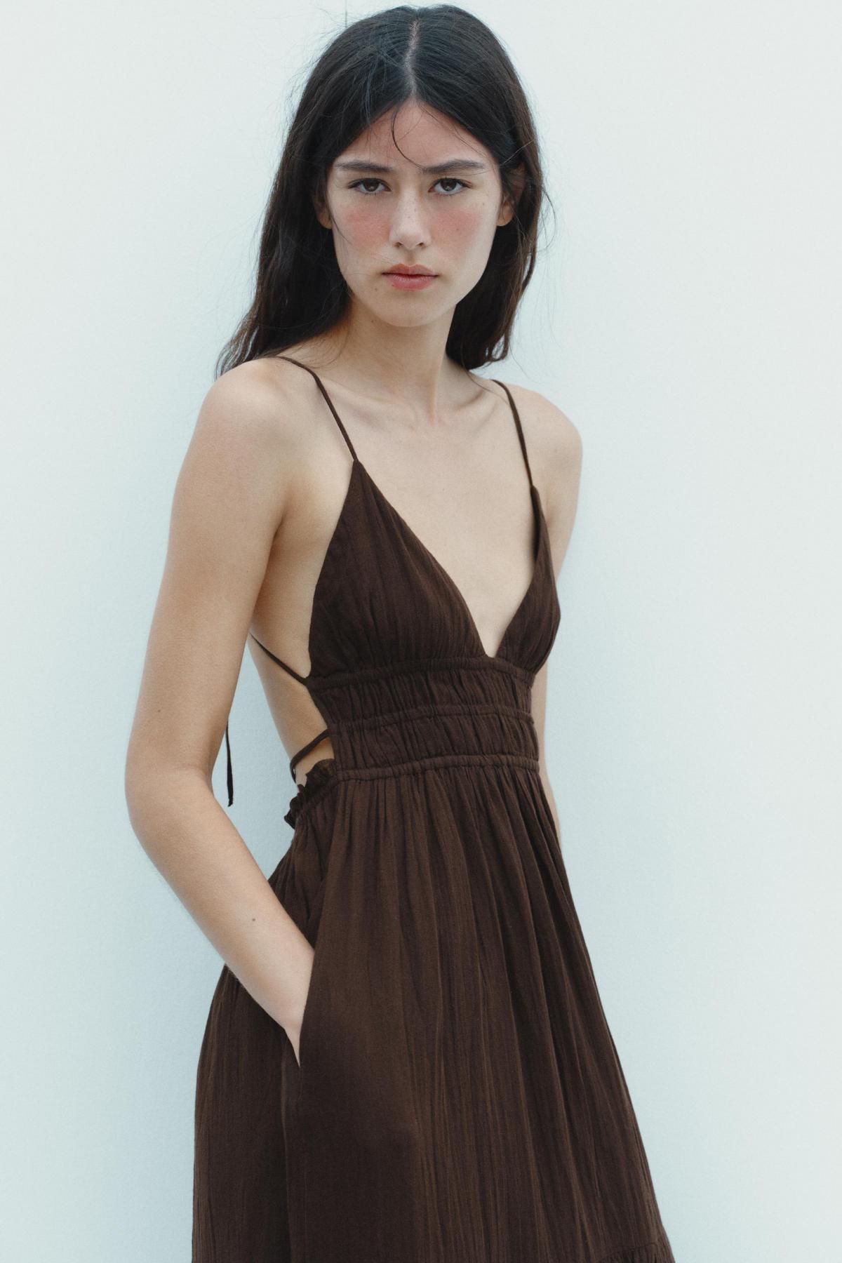 자라 브라운 스트랩 코튼 롱 원피스 0881/320 BROWN - 상세 이미지 3