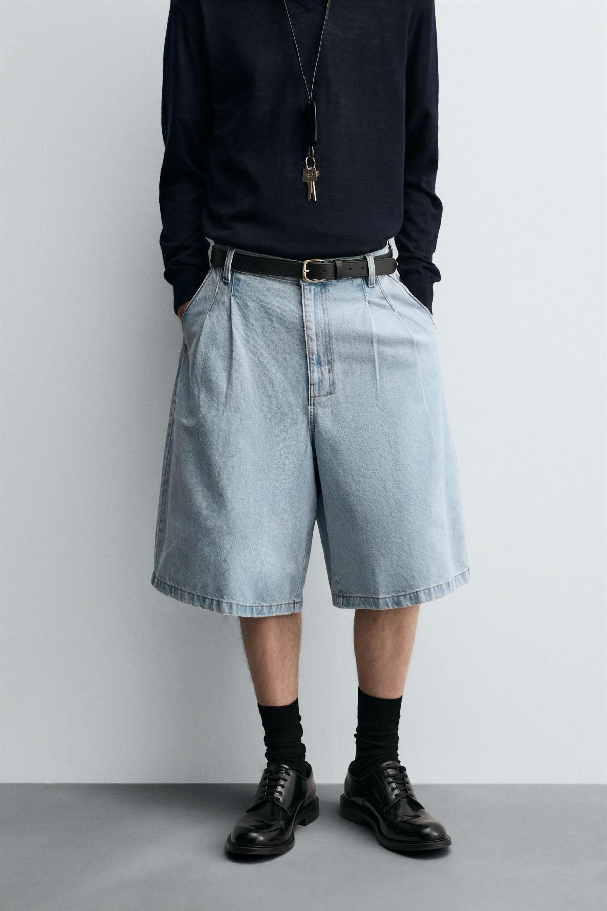 자라 플리츠 릴랙스핏 데님 버뮤다 반바지 9794/305 LIGHT BLUE - 상세 이미지 3
