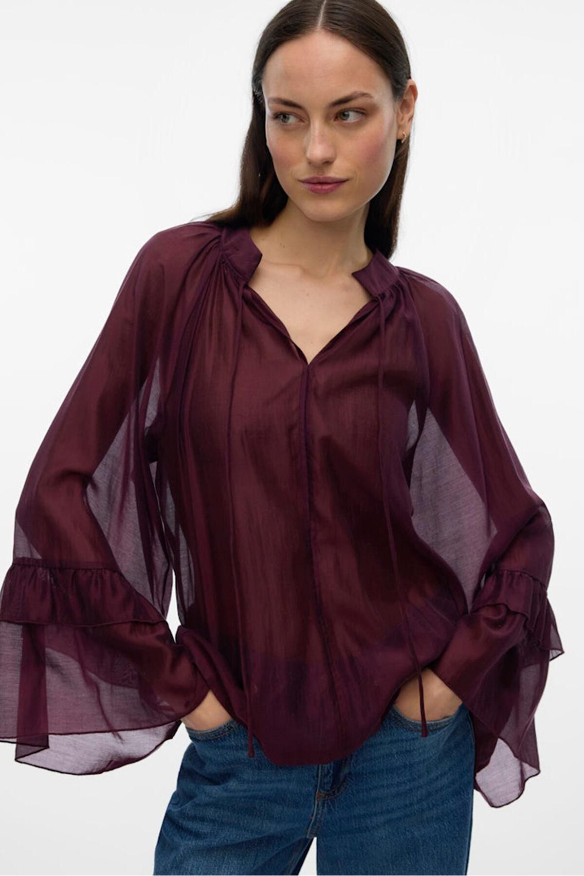 베로모다 보헤미안 세미시스루 러플 소매 블라우스 7762340 MORADO - 상세 이미지 4