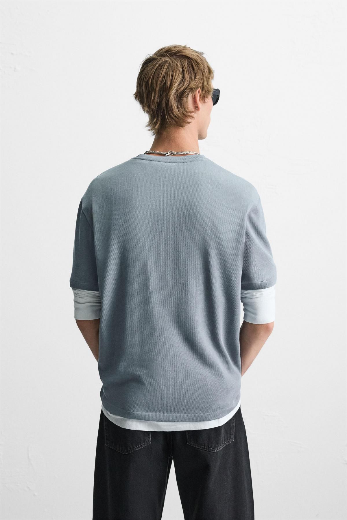 자라 레귤러핏 라운드 니트 반팔 티셔츠 4231/416 GREY / BLUE - 상세 이미지 4