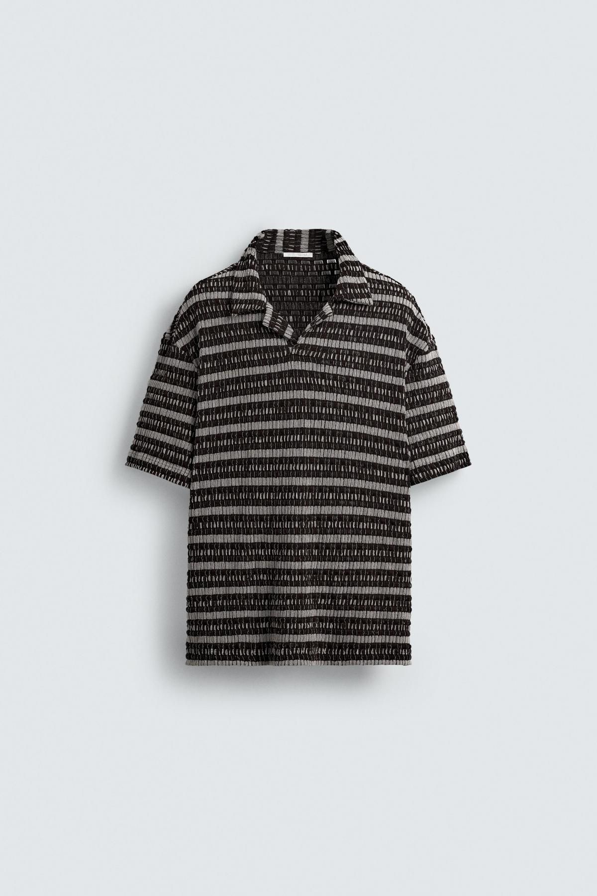 자라 테크니컬 스트라이프 자카드 니트 반팔 폴로셔츠 5584/312 ECRU / BROWN - 상품 이미지