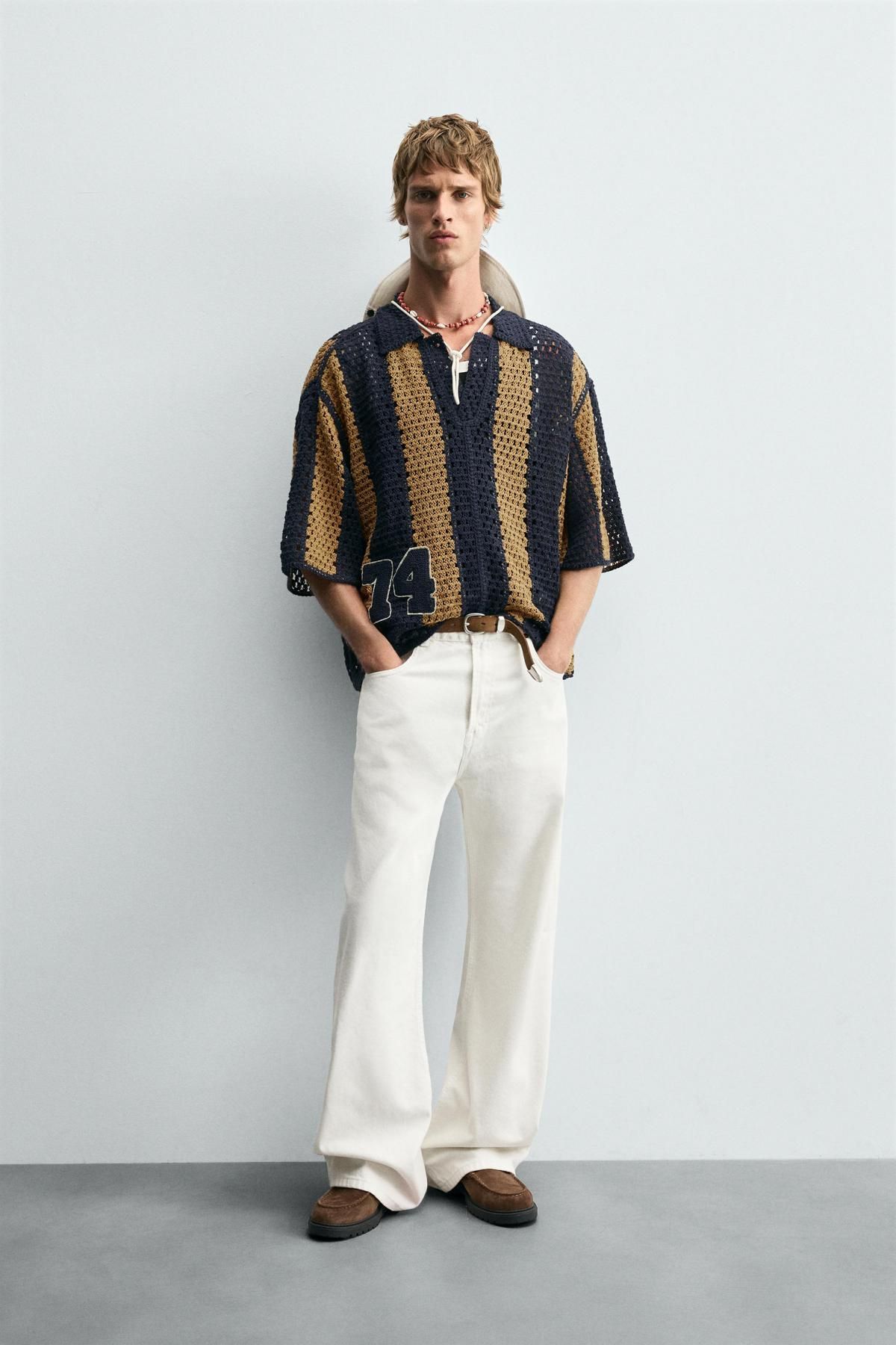 자라 크로셰 테크니컬 스트라이프 반팔 셔츠 7200/222 NAVY BLUE - 상세 이미지 2