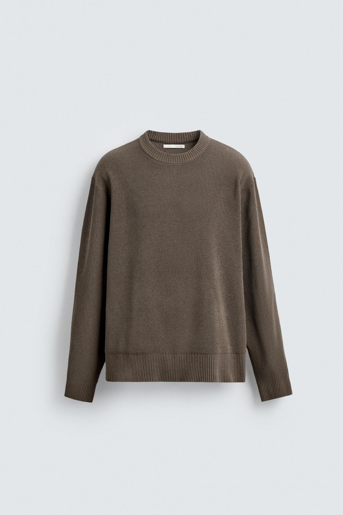 자라 텍스처 라운드넥 브라운 니트 탑 4938/340 MOSS GREEN - 메인 이미지