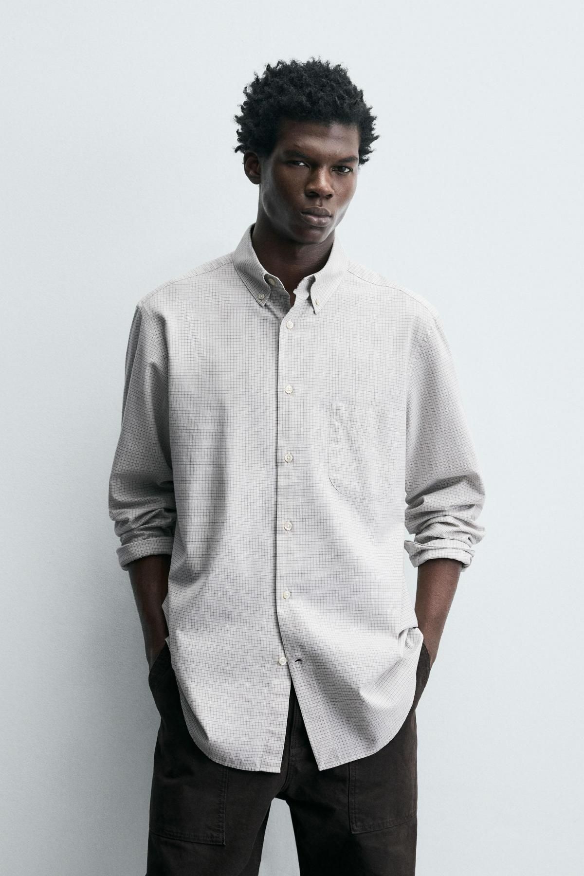 자라 체크 레귤러핏 코튼 긴팔 셔츠 0975/791 WHITE / GREY - 상세 이미지 3