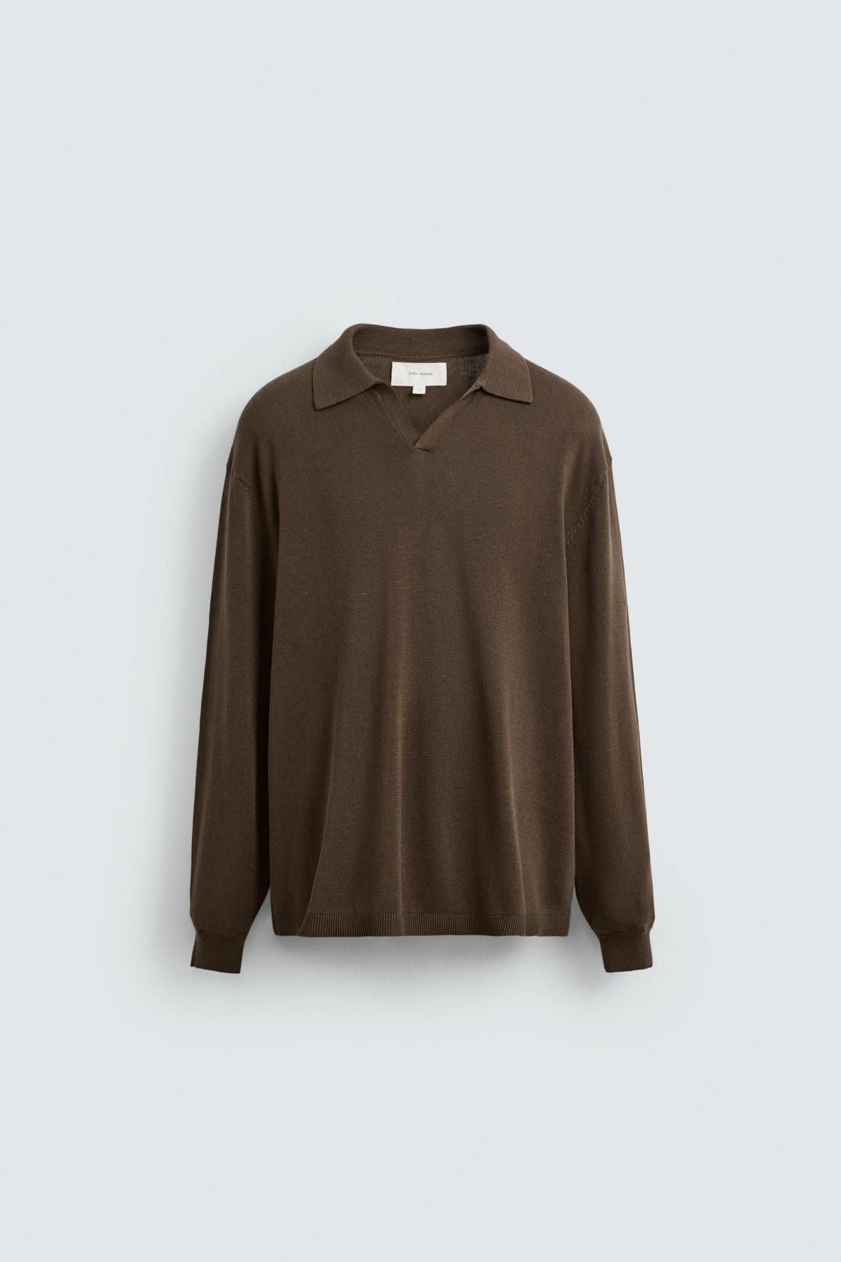 자라 브라운 코튼 헴프 레귤러핏 니트 긴팔 폴로셔츠 2893/305 BLACK / BROWN - 상품 이미지